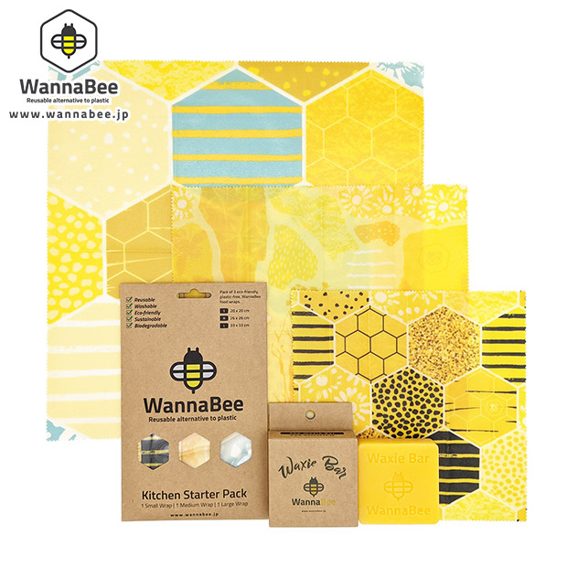 BBIQ特選ショップ / 【WannaBee】蜜蝋ラップ３枚セット(S・M・Lサイズ) Honeybee柄＋蜜蝋バー セット